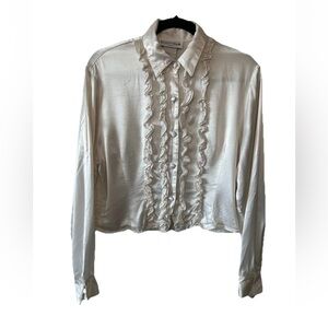VTG 90’s Y2K Ivory Satin Ruffle Tuxedo Blouse Crop Rayon Acetate L